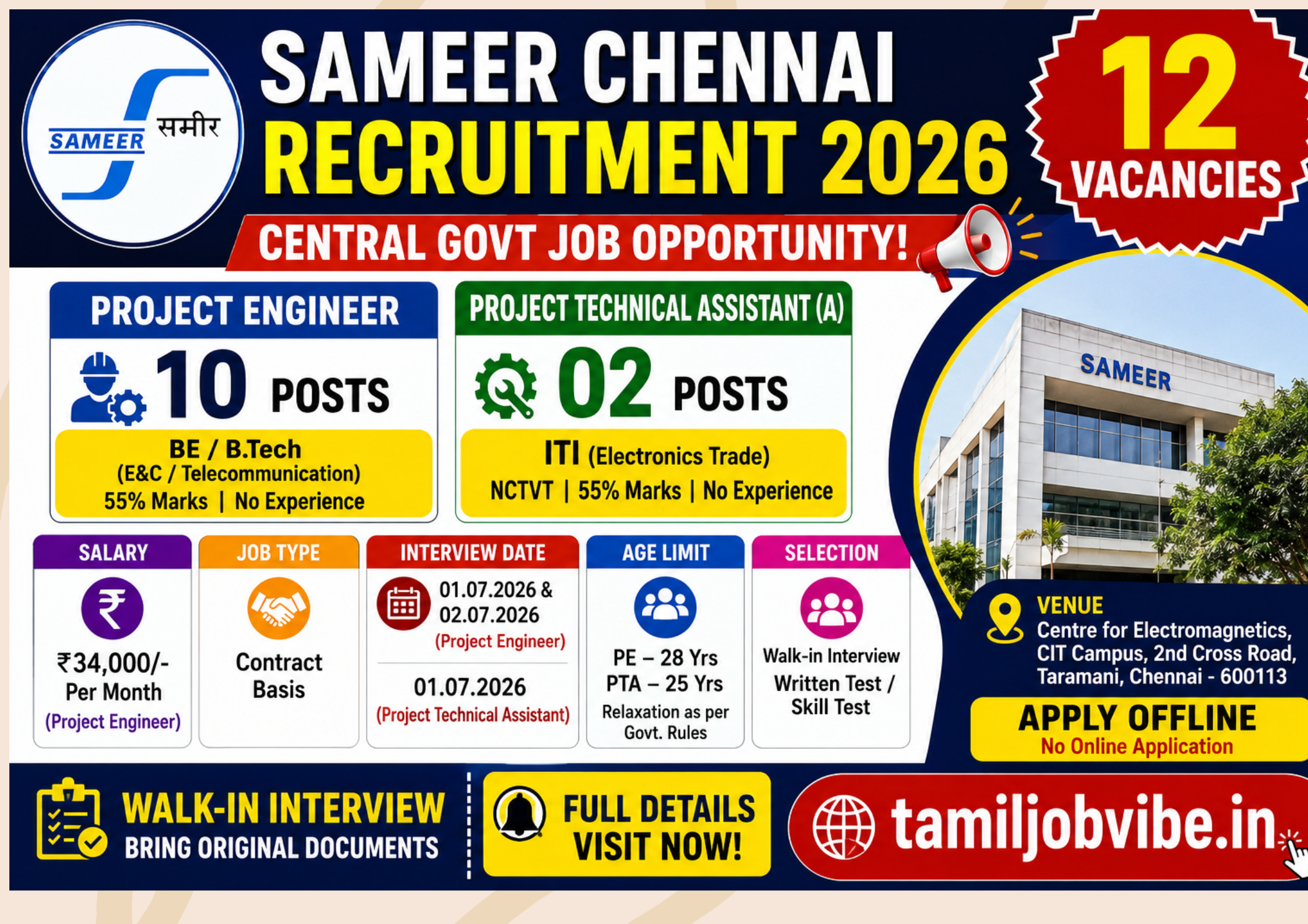 SAMEER Chennai Recruitment 2026 – Project Engineer & ITI Jobs | Apply Offline | Salary ₹34,000