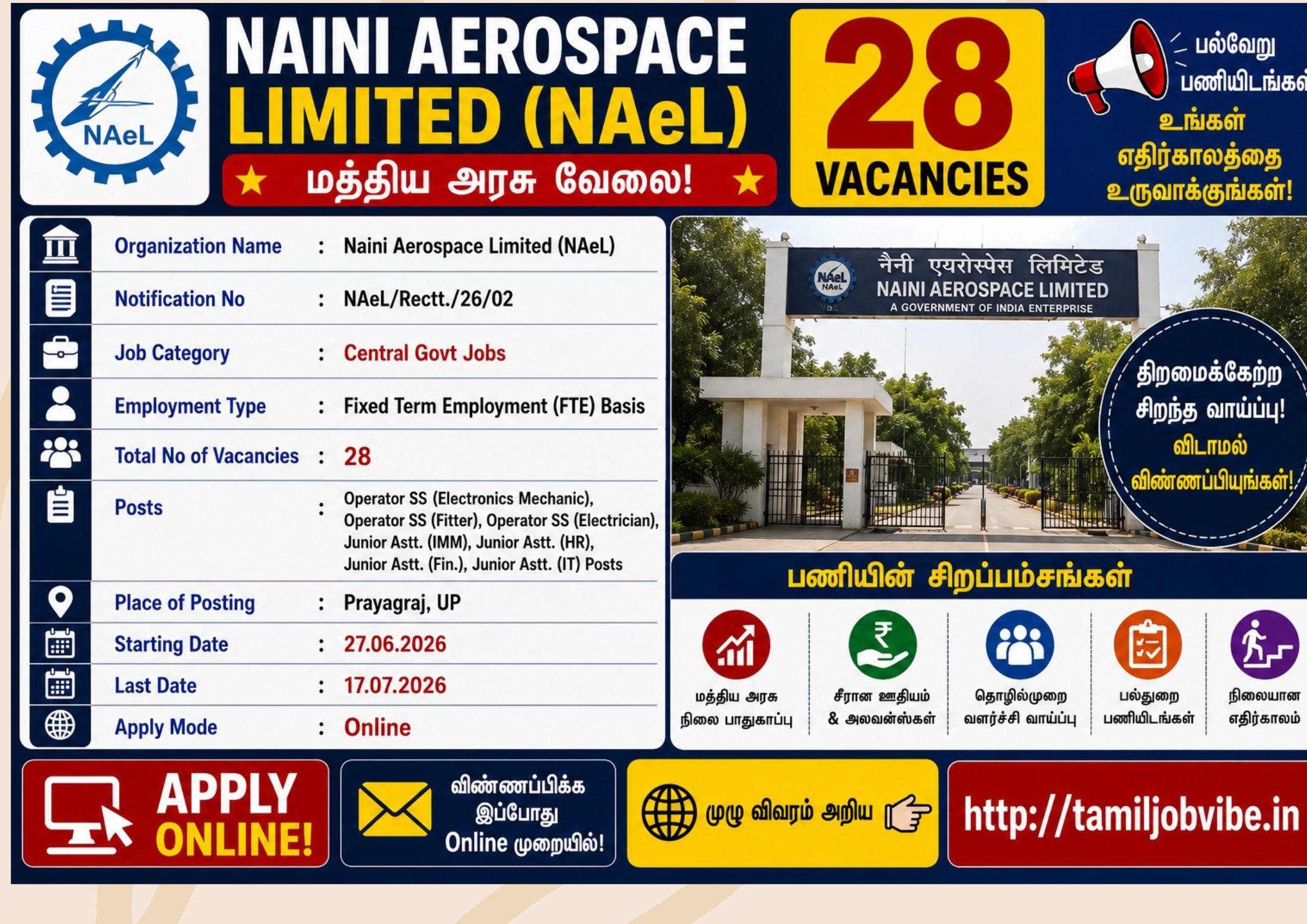 நெய்னி ஏரோஸ்பேஸ் லிமிடெட் (NAeL) வேலைவாய்ப்பு 2026 – ITI மற்றும் பட்டதாரிகளுக்கு 28 மத்திய அரசு பணியிடங்கள் | ஆன்லைனில் விண்ணப்பிக்க அழைப்பு!