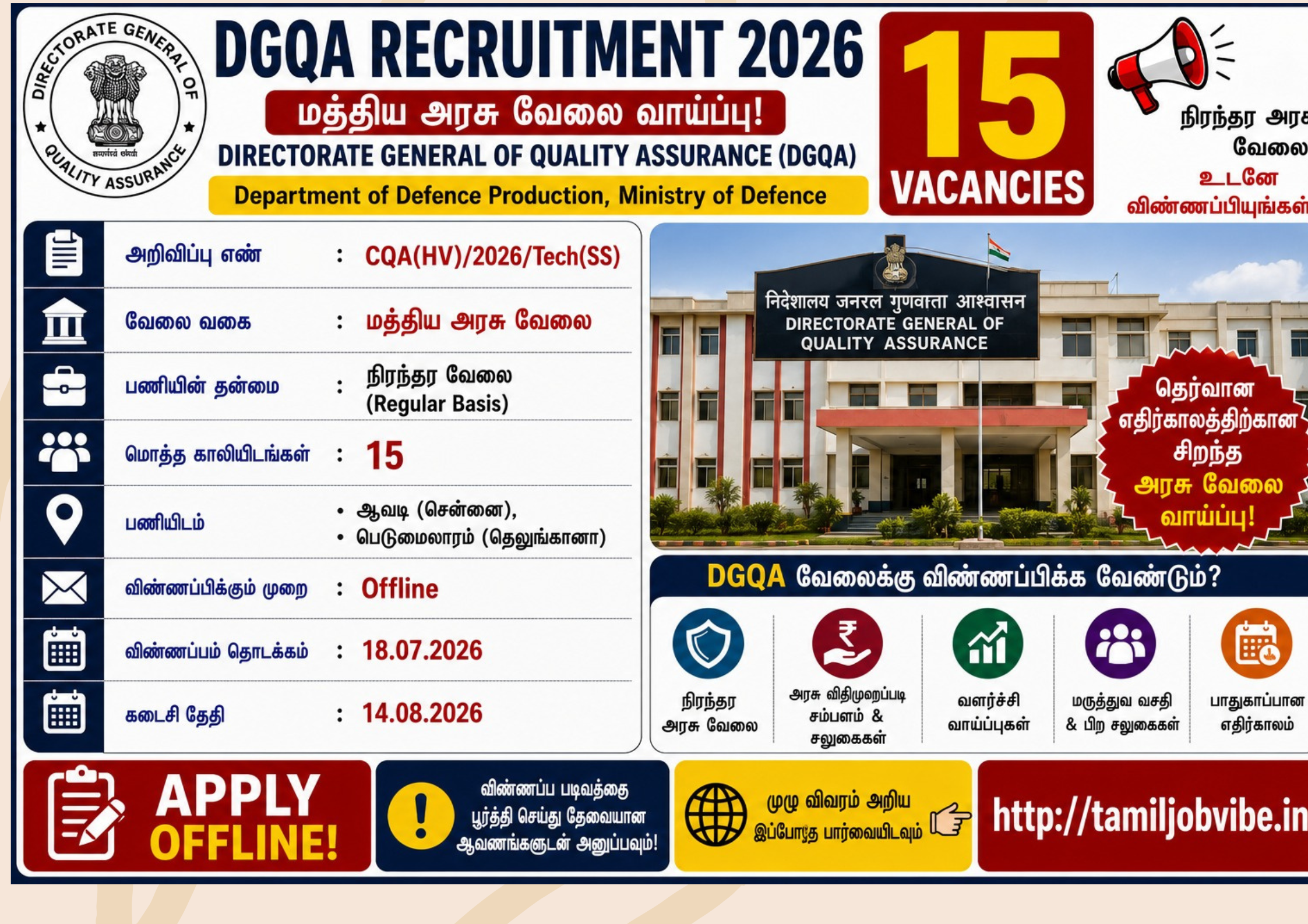 DGQA சென்னை ஆட்சேர்ப்பு 2026 – 15 டெக்னீஷியன் (Semi-Skilled) பணியிடங்கள் | ITI முடித்தவர்களுக்கு மத்திய பாதுகாப்புத்துறை வேலை! DGQA Recruitment 2026 | 15 Technician (Semi-Skilled) Vacancies | Central Government Career Opportunity | Apply Before 14 August 2026