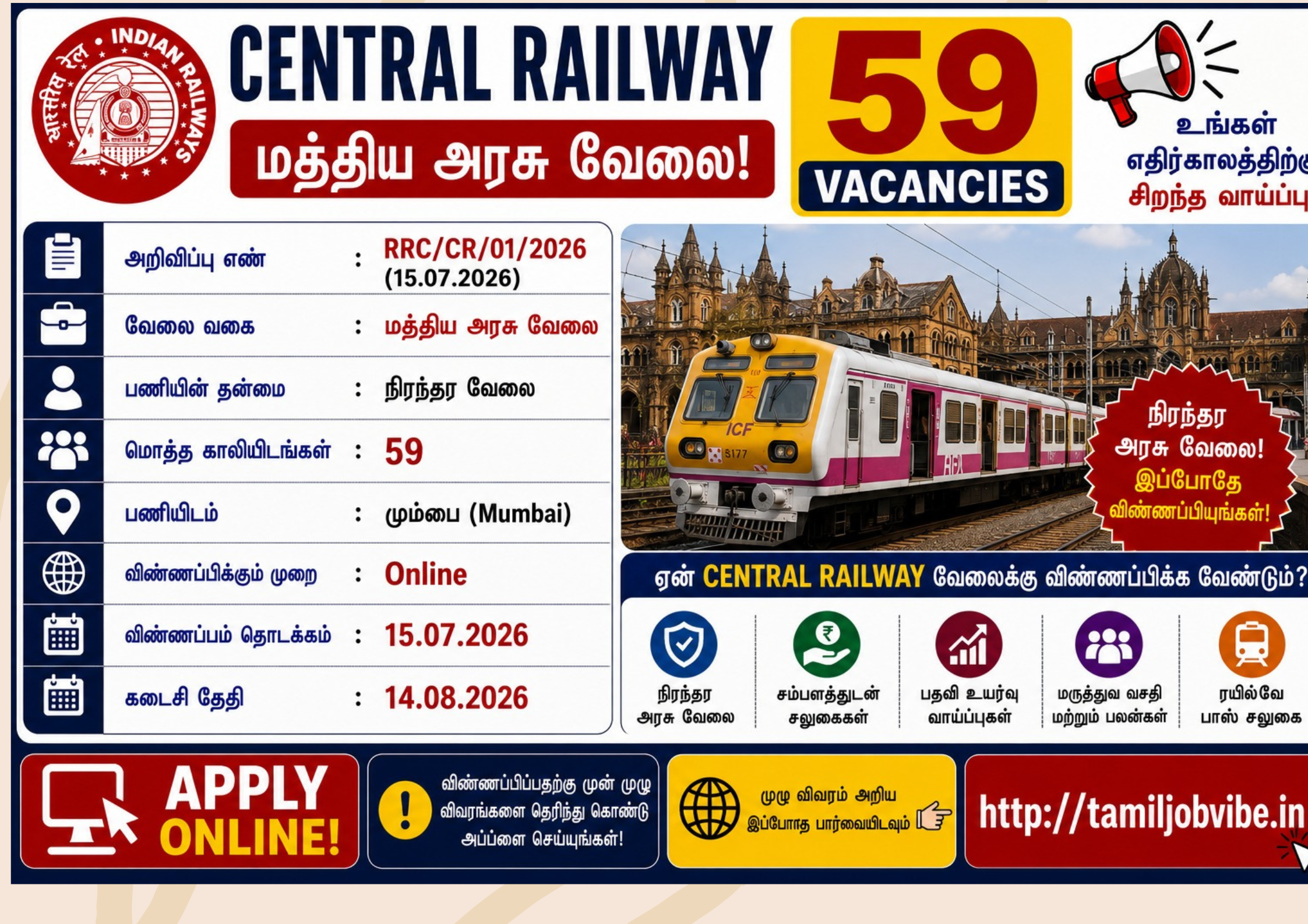 Central Railway Sports Quota Recruitment 2026 – 59 விளையாட்டு வீரர்களுக்கு மத்திய ரயில்வே வேலைவாய்ப்பு | 10ஆம் வகுப்பு முதல் பட்டதாரிகள் வரை விண்ணப்பிக்கலாம்! Central Railway Recruitment 2026 | 59 Sports Quota Vacancies | Railway Jobs 2026 | Central Govt Jobs Tamil